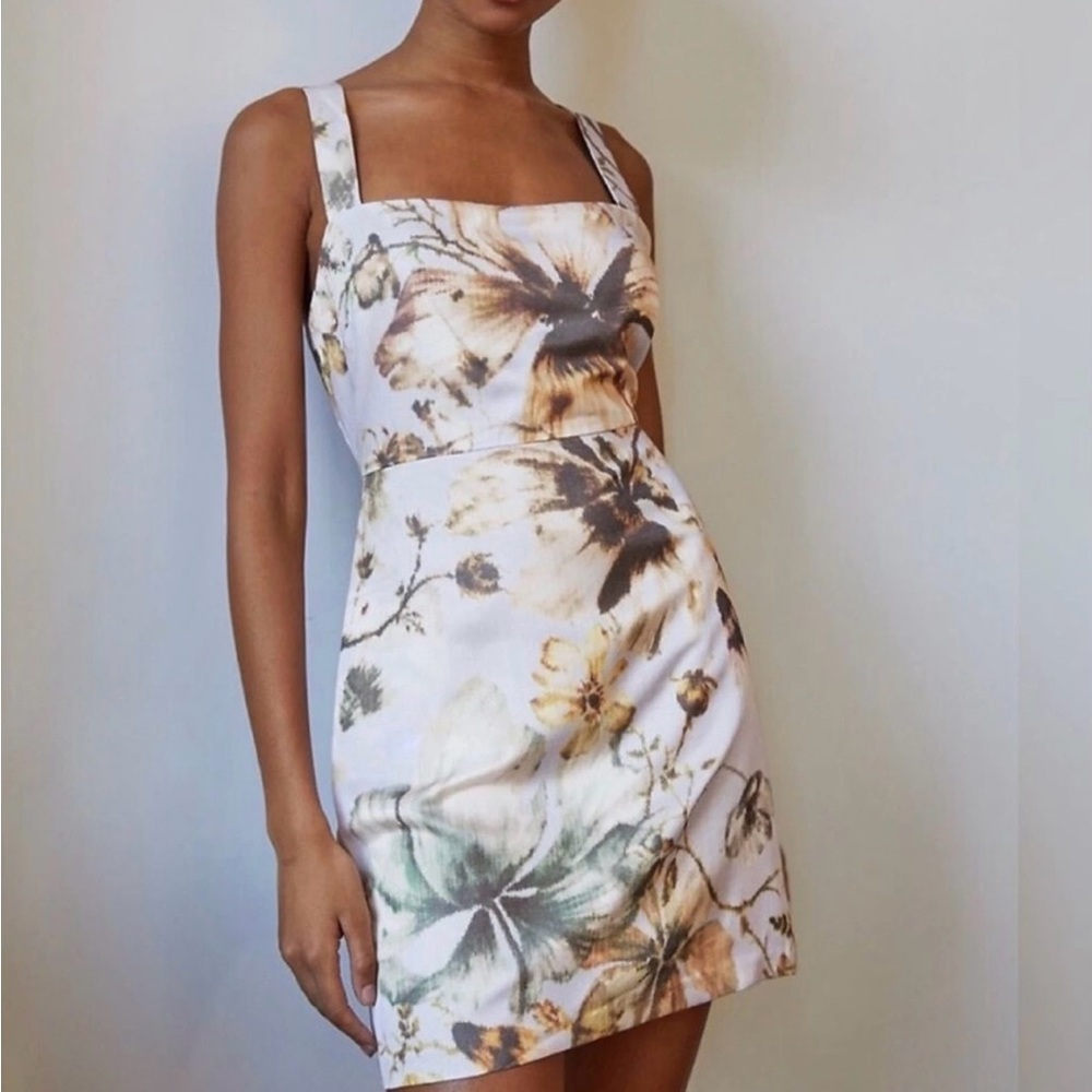 Babaton White Floral Mini Dress with Green and Brown Accents